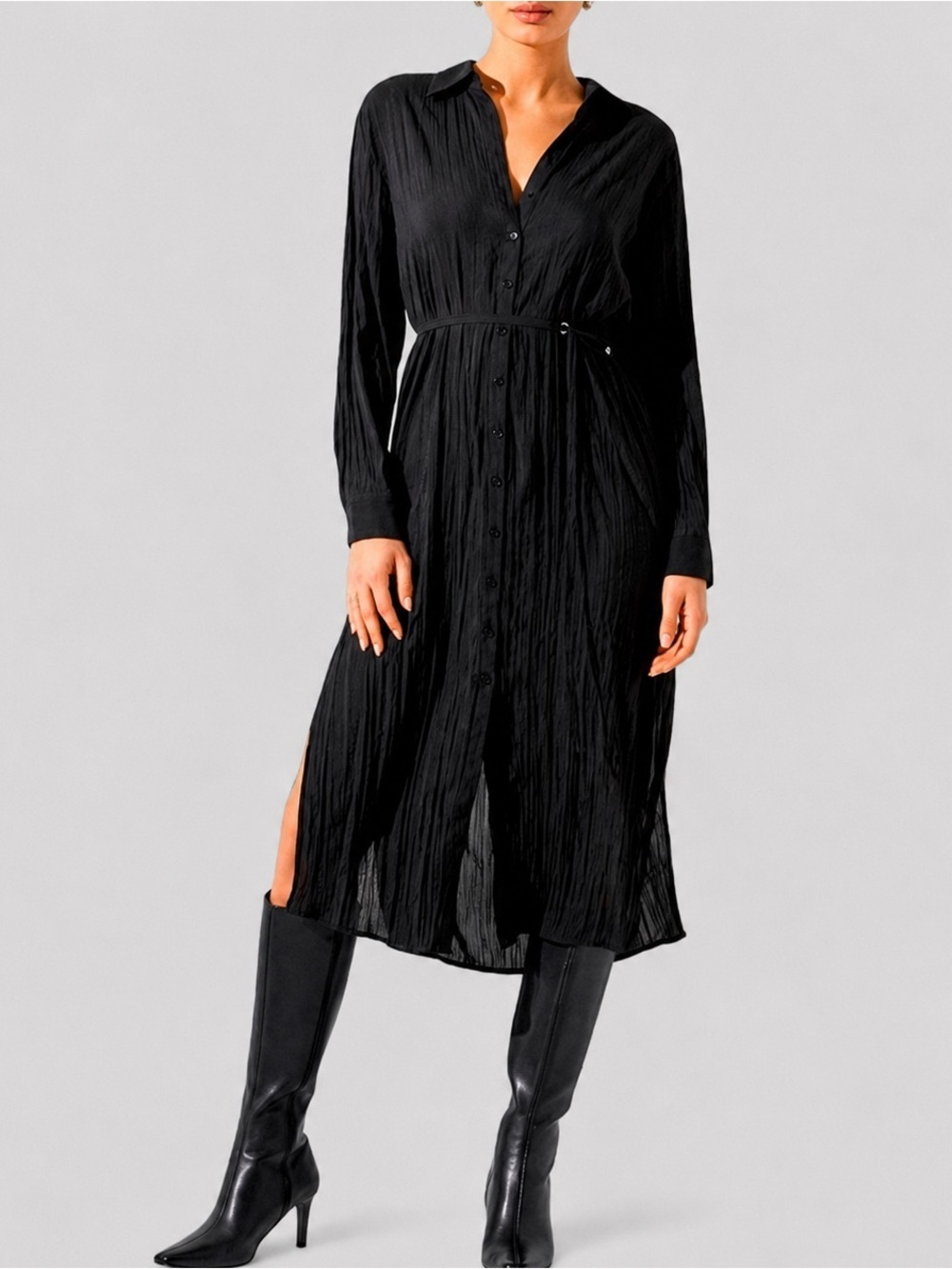 ASTR the Label Belted Long Sleeve Midi Shirtdress-Black size Small-NWT